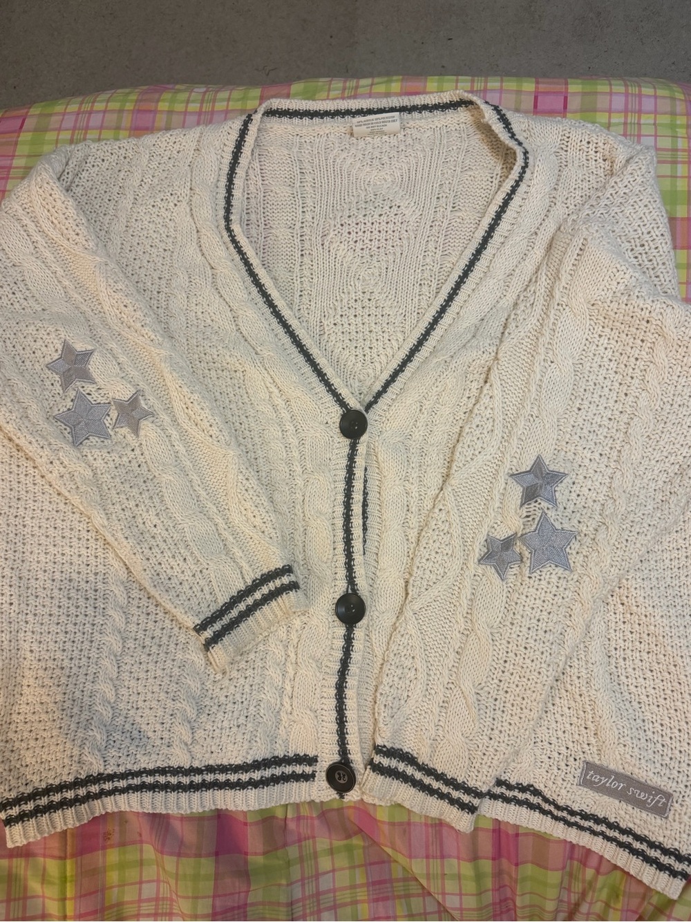 Taylor Swift Folklore Cream Cable-Knit Cardigan Sweater with Star Patches